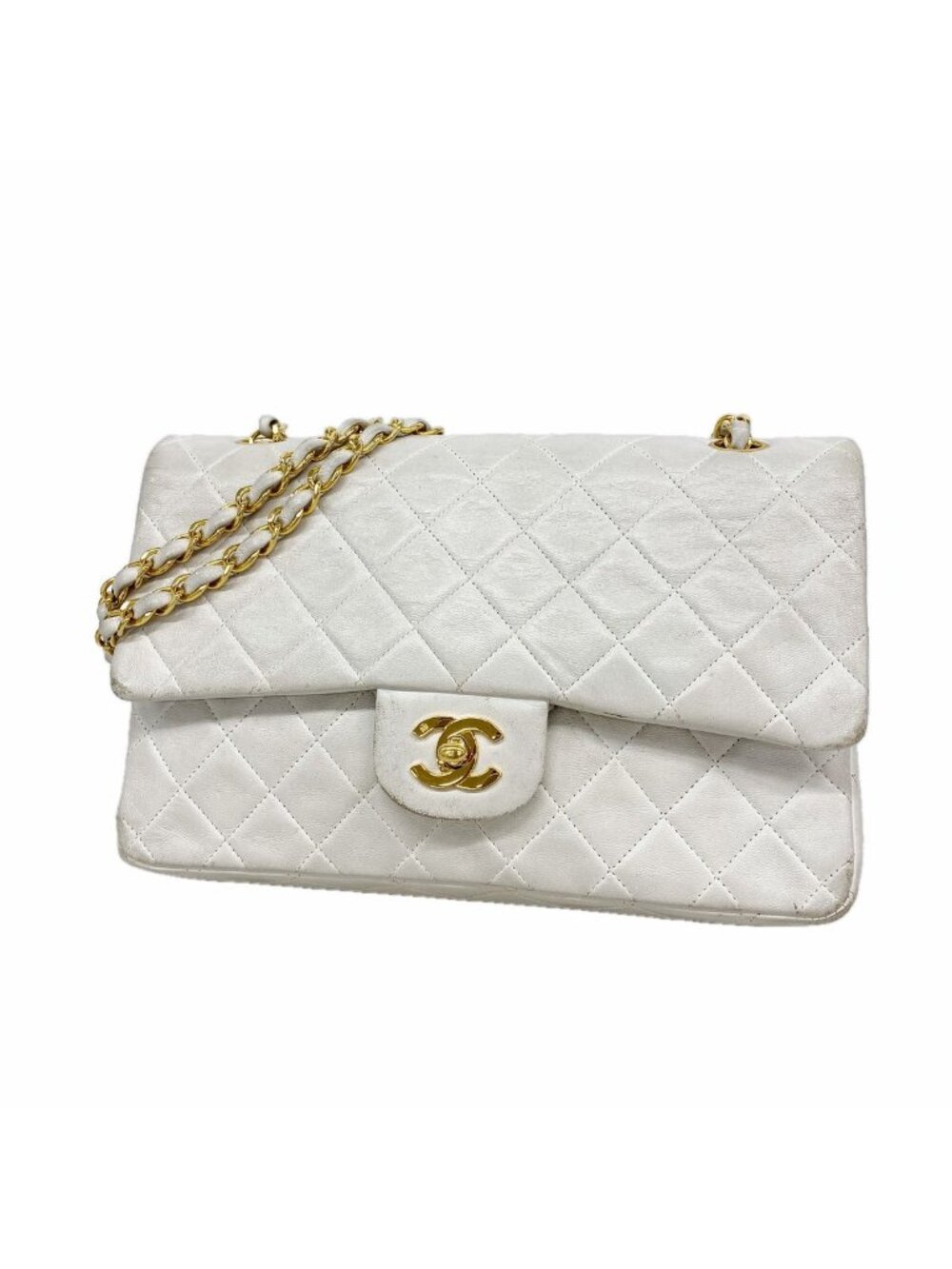 Chanel Shoulder Bag Quilted Lambskin White Gold
